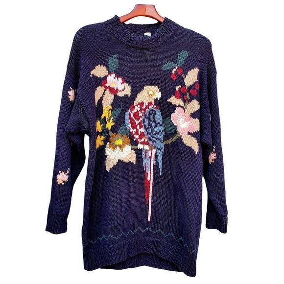80s Sweater Plus Size Black Knit Parrot Tarazzia Cotton Volup Vintage Hong Kong - Picture 14 of 15